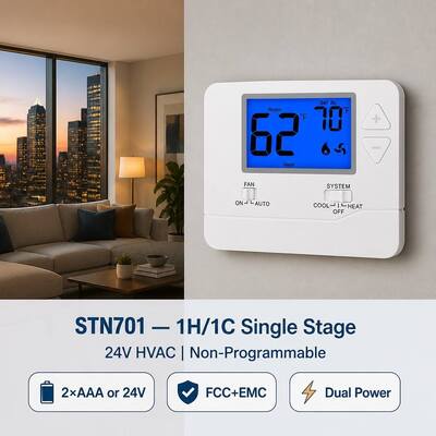 Electronic 24V US Style Air Conditioning Display Size 3.84 Sq In Adjustable Single Stage 1 H 1 C Thermostat Featuring Non Programmable Control