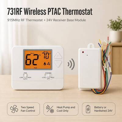 2H1C Heat Pump Wireless Room Electronic Air Conditioning Battery-operated RF Thermostat Non-programmable for PTAC Unit