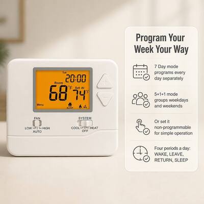 24V or Battery Operated Heating and Cooling 7 Day Wireless Room Single Stage PTAC RF Thermostat for HVAC System
