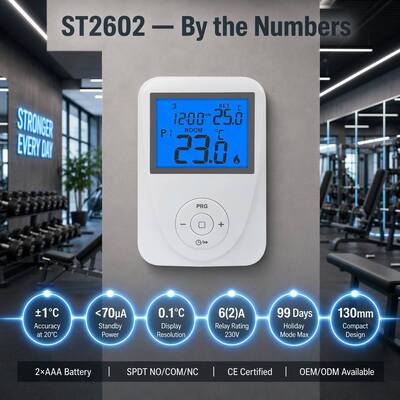Temperaturmessgenauigkeit ±1°C bei 20°C Fußbodenheizung Raum programmierbarer Thermostat mit Anzeige Temperaturbereich 0°C 40°C in 0,1°C Schritten und Standby-Strom Beleuchtungsstrom ≤ 7mA