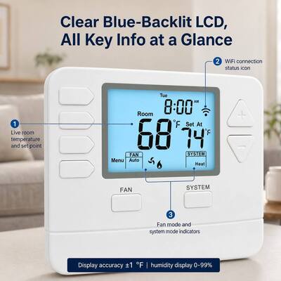 Riseem Klimaanlage Smart WIFI Digital Programmierbar Alexa Heimthermostat HVAC STN705W 24V Weiß ABS