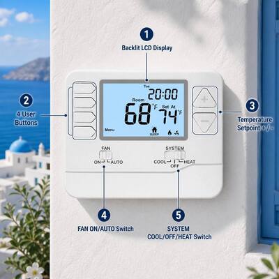 24V großes LCD-Display HVAC-Temperaturregler kabelgebundener Thermostat 7 Tage 2 Heiz-/2 Kühlzyklen Batteriebetrieben