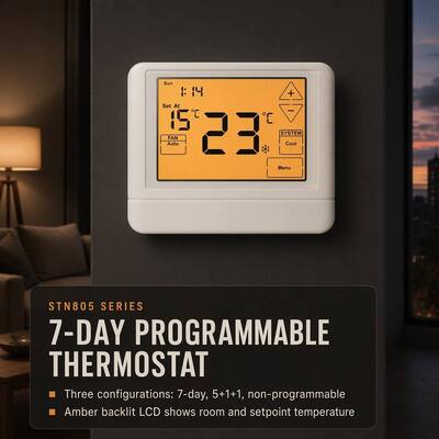 Großer LCD-Kompressor-Verzögerungsschutz 5 Minuten 1 Heizung 1 Kühlung Kabelgebundener 7-Tage-Klimaanlagen-Hotel-Heim-HVAC-Temperaturregler für Wohnung
