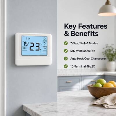 24V oder batteriebetriebene Wärmepumpe 7 Tage 2 Heiz- 2 Kühl-Touchscreen-LCD-Thermostat für Hotel- und Wohnungs-HVAC-System