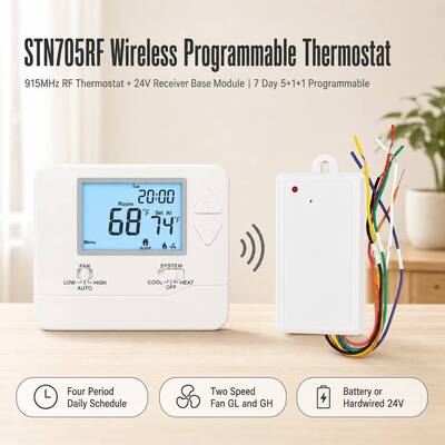 24V konventioneller oder Wärmepumpen-Funk-Raumthermostat, 7 Tage programmierbar, PTAC, RF, 915MHz Frequenz