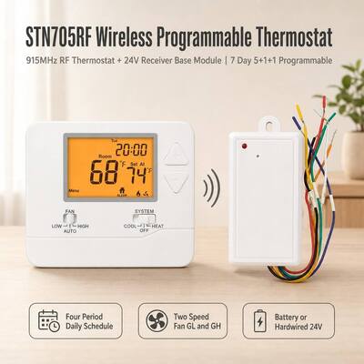 24V oder batteriebetriebene Heiz- und Kühlthermostat für Klimaanlagen, 7 Tage, kabellos, für einzelne Stufen, PTAC, RF